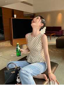 Serisse 新款黑白波点无袖背心，女士春夏款 - 杏色 - 查看 12