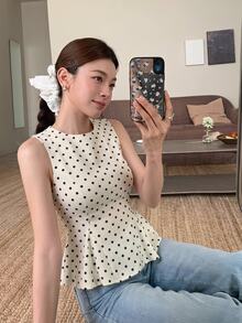 Serisse 新款黑白波点无袖背心，女士春夏款 - 杏色 - 查看 11