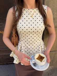 Serisse 新款黑白波点无袖背心，女士春夏款 - 杏色 - 查看 3