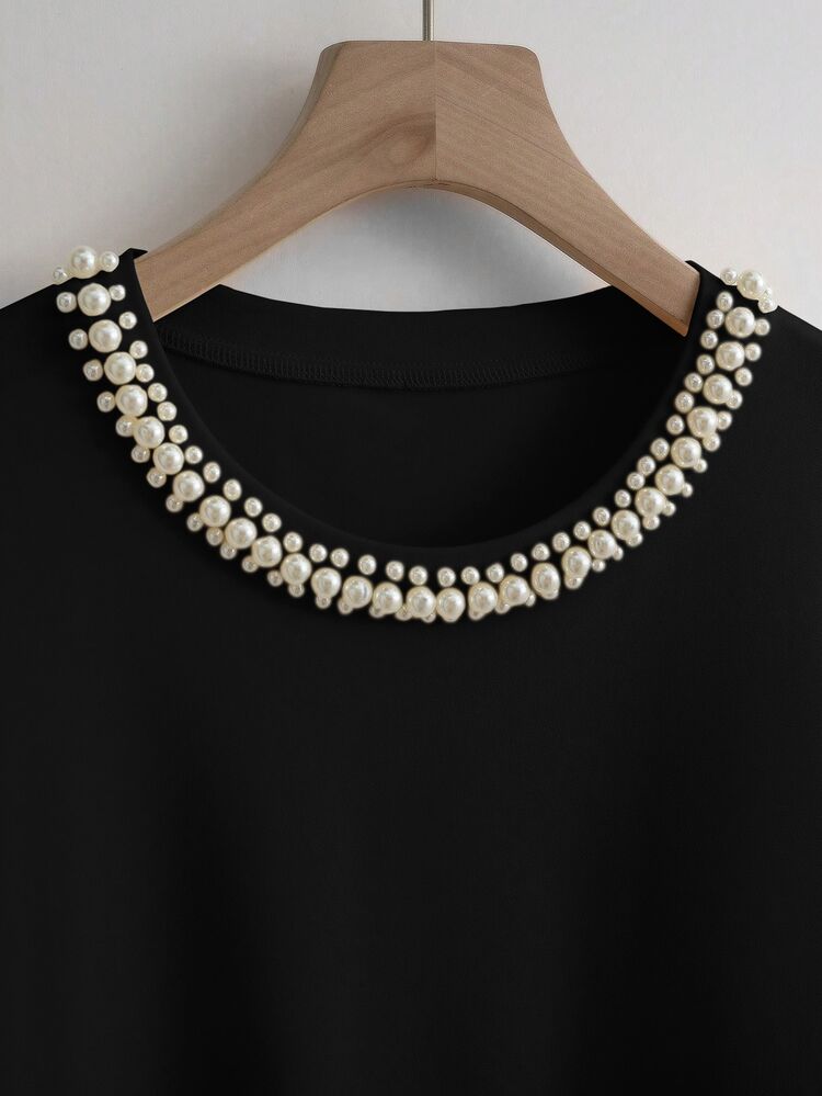 Franclia Women's Round Neck Short Sleeve Black T-Shirt,Summer Elegant Classy Bling Designer Top,Casual New Arrivals For Tea Party,Solid Color Tops - Black - View 4