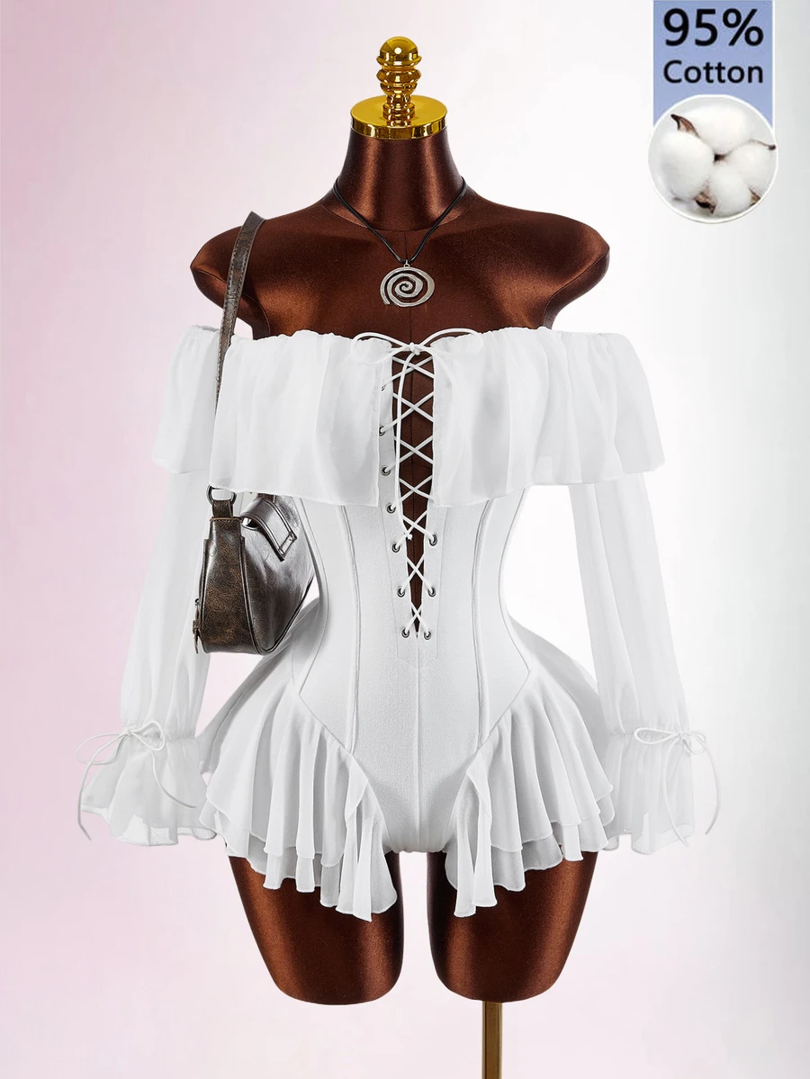 Amplova Women's Solid Color Ruffle Ruffle Long Sleeve Eyelet Lace-Up Design Fashion Romper - White - View 1