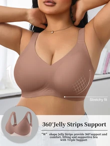 SHEIN 1 buah Bra Wanita Minimalis Nyaman Warna Polos Gel Jelly Penyangga Cup Tidak Dapat Dilepas Tanpa Kawat Ukuran Besar - Redwood - View 5
