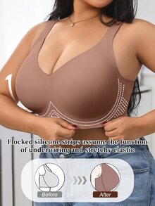 SHEIN 1 buah Bra Wanita Minimalis Nyaman Warna Polos Gel Jelly Penyangga Cup Tidak Dapat Dilepas Tanpa Kawat Ukuran Besar - Redwood - View 1