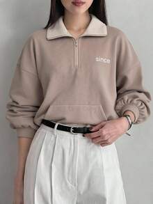 Dazy-Less Letter Graphic Drop Shoulder Half Zip Sweatshirt - Camel - View 4