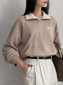 Dazy-Less Letter Graphic Drop Shoulder Half Zip Sweatshirt - Camel - View 1