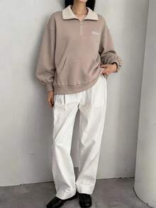 Dazy-Less Letter Graphic Drop Shoulder Half Zip Sweatshirt - Camel - View 2