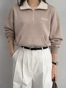 Dazy-Less Letter Graphic Drop Shoulder Half Zip Sweatshirt - Camel - View 3