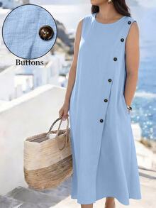 EMERY ROSE Plus Size Versatile Premium Linen Feel Fabric Button Decor Dress Vacation Formal Light Blue Summer Casual - Blue - View 3