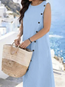 EMERY ROSE Plus Size Versatile Premium Linen Feel Fabric Button Decor Dress Vacation Formal Light Blue Summer Casual - Blue - View 5