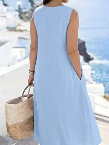 EMERY ROSE Plus Size Versatile Premium Linen Feel Fabric Button Decor Dress Vacation Formal Light Blue Summer Casual - Blue - View 2