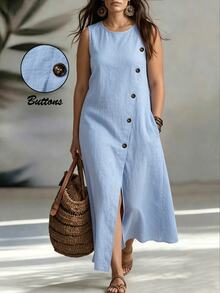 EMERY ROSE Plus Size Versatile Premium Linen Feel Fabric Button Decor Dress Vacation Formal Light Blue Summer Casual - Blue - View 1