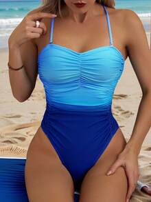 SHEIN Swim 女性漸變色褶皺肩帶一件式泳衣,適用於夏季、海灘、假期、旅行、節日、游泳池 - 藍色 - 查看 3