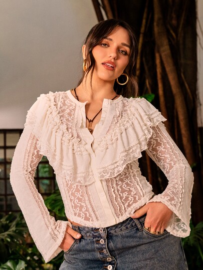 SHEIN x Rafa Kalimann Easelle Blusa Feminina Vintage com Mangas Bufantes e Babados, Gola Redonda