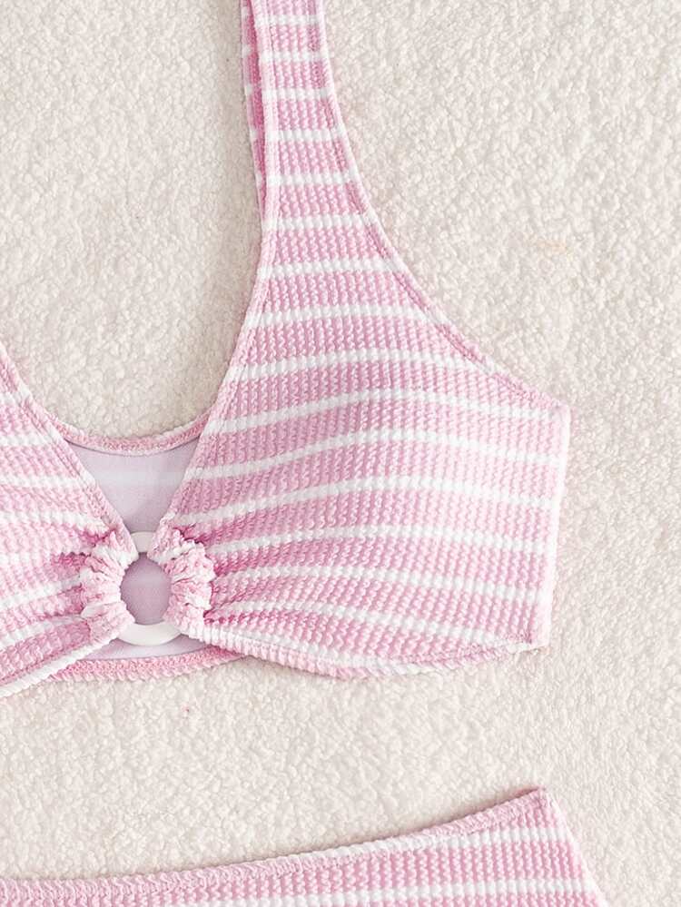 Swim Vcay Conjunto de bikini de bandeau fruncido con estampado de bloques de color y rayas para vacaciones de verano en la playa de mujeres - Rosa - Añade 7