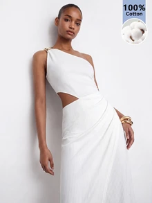 Maija Women's Solid Color One-Shoulder Pleated Casual Elegant Sexy Daily Summer Mid-Length Dress Night Out Date Night White - White - View 2