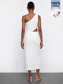 Maija Women's Solid Color One-Shoulder Pleated Casual Elegant Sexy Daily Summer Mid-Length Dress Night Out Date Night White - White - View 4