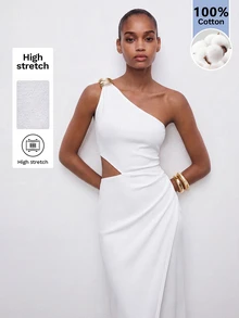 Maija Women's Solid Color One-Shoulder Pleated Casual Elegant Sexy Daily Summer Mid-Length Dress Night Out Date Night White - White - View 6