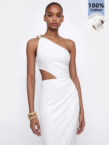 Maija Women's Solid Color One-Shoulder Pleated Casual Elegant Sexy Daily Summer Mid-Length Dress Night Out Date Night White - White - View 5