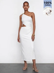 Maija Women's Solid Color One-Shoulder Pleated Casual Elegant Sexy Daily Summer Mid-Length Dress Night Out Date Night White - White - View 3