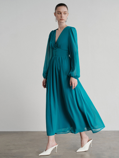 Aveloria Modichic Women's Dress A-Line Chiffon V-Neck Button High Waist Long Cuffed Sleeve Elegant Social Teal Blue Brunch Autumn Dinner Party