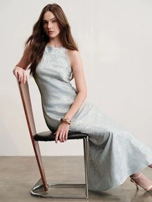 Aveloria Modichic 修身提花無袖圓領長洋裝，優雅性感淺藍色花卉，適合派對、晚宴、新娘母親、夏季婚禮 - 彩色 - 查看 6