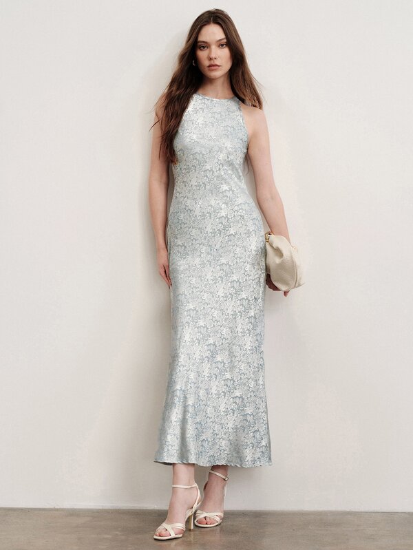 Aveloria Modichic Dress Slim Fit Jacquard Sleeveless Round Neck Maxi Elegant Light Blue Floral Elegant Dresses For Party Long Dress Floral Dress Light Blue Dress