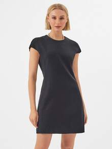KÆRIA Hus Cap Sleeve A-Line Mini Dress - Contour Crepe - Black - Tailored, Structured, Shift Dress, Occasionwear, Everyday, Daytime, Summer, Casual - Black - View 4