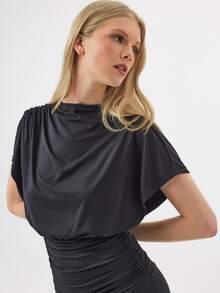 KÆRIA Hus Gaun Maxi Berkerah Tinggi dengan Pinggang Berlipat - Bahan Jersey Cair Matt - Abu-abu Gelap - Berkerut, Pas Badan, Gaun Malam, Gaun Pesta, Gaun Koktail, Gaun Musim Panas, Elegan - Hitam - View 8