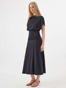 KÆRIA Hus Gaun Maxi Berkerah Tinggi dengan Pinggang Berlipat - Bahan Jersey Cair Matt - Abu-abu Gelap - Berkerut, Pas Badan, Gaun Malam, Gaun Pesta, Gaun Koktail, Gaun Musim Panas, Elegan - Hitam - View 4