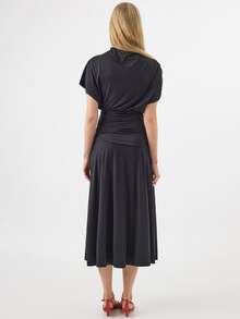 KÆRIA Hus Gaun Maxi Berkerah Tinggi dengan Pinggang Berlipat - Bahan Jersey Cair Matt - Abu-abu Gelap - Berkerut, Pas Badan, Gaun Malam, Gaun Pesta, Gaun Koktail, Gaun Musim Panas, Elegan - Hitam - View 3