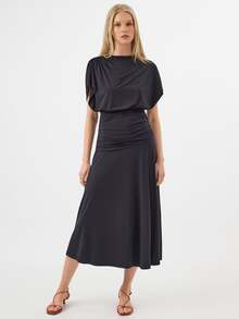 KÆRIA Hus Gaun Maxi Berkerah Tinggi dengan Pinggang Berlipat - Bahan Jersey Cair Matt - Abu-abu Gelap - Berkerut, Pas Badan, Gaun Malam, Gaun Pesta, Gaun Koktail, Gaun Musim Panas, Elegan - Hitam - View 5