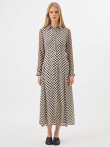 KÆRIA Hus Long-Sleeve Fluid Collared Shirt Maxi Dress - Air Georgette - Heritage Check - Relaxed Check Dress - Black - View 6