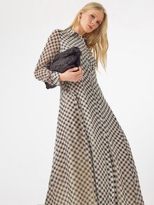 KÆRIA Hus Long-Sleeve Fluid Collared Shirt Maxi Dress - Air Georgette - Heritage Check - Relaxed Check Dress - Black - View 1