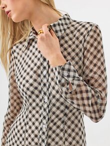 KÆRIA Hus Long-Sleeve Fluid Collared Shirt Maxi Dress - Air Georgette - Heritage Check - Relaxed Check Dress - Black - View 5