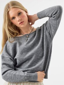 KÆRIA Hus Deep V-Back Relaxed-Fit Sweater - Heritage Knit - Dark Grey - Oversized Casual Long Sleeve Knit Pullover Brunch Office Autumn - Grey - View 7