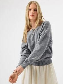 KÆRIA Hus Deep V-Back Relaxed-Fit Sweater - Heritage Knit - Dark Grey - Oversized Casual Long Sleeve Knit Pullover Brunch Office Autumn - Grey - View 5