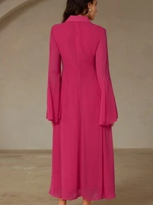 Aveloria Modichic 女士驚艷洋紅色時尚翻領單排扣收腰喇叭袖長袖襯衫洋裝，秋季女裝 - 玫紅色 - 查看 2