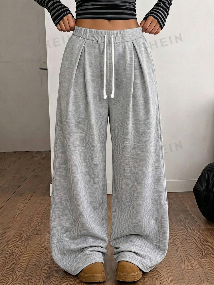 SHEIN TeenGirl Drawstring Waist Pleated Casual Versatile Daily Wear Wide Leg Long Pants Sports Yoga Gym Streetwear School Colorblock - Grey - View 1