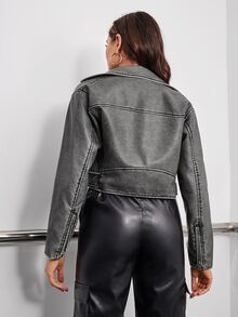 Aveloria Modichic Fashion Zip Up Belted Crop Moto Jacket Fall Winter Cloth For Women - Grey - View 3