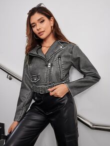 Aveloria Modichic Fashion Zip Up Belted Crop Moto Jacket Fall Winter Cloth For Women - Grey - View 2