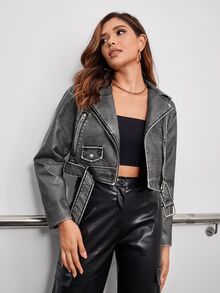 Aveloria Modichic Fashion Zip Up Belted Crop Moto Jacket Fall Winter Cloth For Women - Grey - View 5