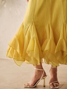 BELROSIE Women's Mustard Yellow Textured Chiffon Long Skirt, High Waist Layered Ruffle Hem, Elegant Vintage Summer Vacation Holiday Tea Party - Yellow - View 5