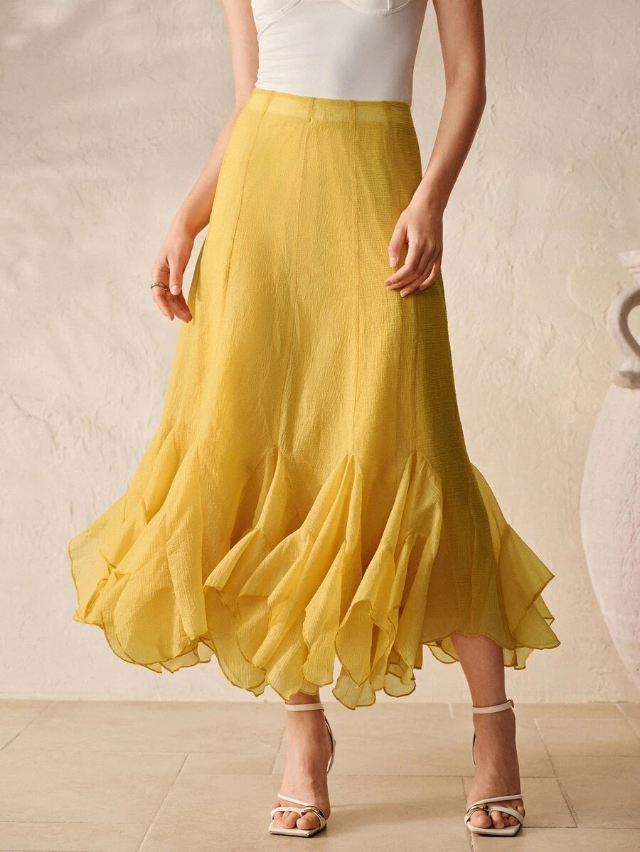 BELROSIE Women's Mustard Yellow Textured Chiffon Long Skirt, High Waist Layered Ruffle Hem, Elegant Vintage Summer Vacation Holiday Tea Party - Yellow - View 1