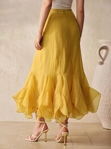 BELROSIE Women's Mustard Yellow Textured Chiffon Long Skirt, High Waist Layered Ruffle Hem, Elegant Vintage Summer Vacation Holiday Tea Party - Yellow - View 2