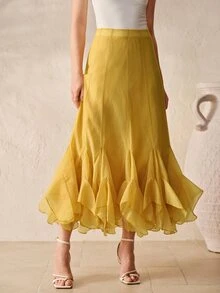 BELROSIE Women's Mustard Yellow Textured Chiffon Long Skirt, High Waist Layered Ruffle Hem, Elegant Vintage Summer Vacation Holiday Tea Party - Yellow - View 3