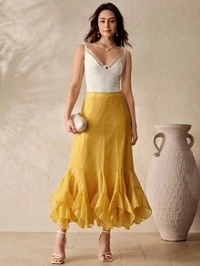 BELROSIE Women's Mustard Yellow Textured Chiffon Long Skirt, High Waist Layered Ruffle Hem, Elegant Vintage Summer Vacation Holiday Tea Party - Yellow - View 6