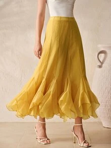 BELROSIE Women's Mustard Yellow Textured Chiffon Long Skirt, High Waist Layered Ruffle Hem, Elegant Vintage Summer Vacation Holiday Tea Party - Yellow - View 4