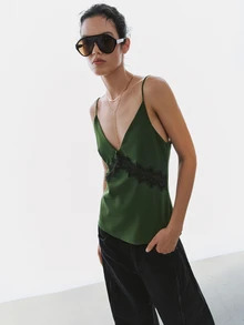 MOTF PREMIUM WOMEN SUMMER CONTRAST LACE SLIM FIT CAMI TOP - Green - View 7