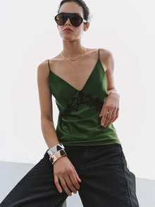 MOTF PREMIUM WOMEN SUMMER CONTRAST LACE SLIM FIT CAMI TOP - Green - View 5