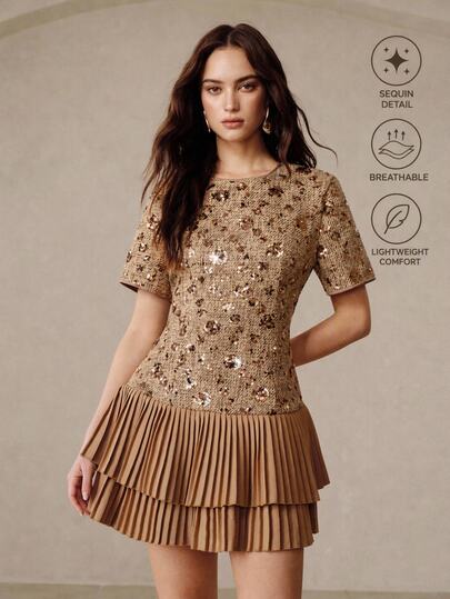 BELROSIE Elegant Camel Brown/Beige Mixed Tweed Dress,Sequin Embroidery,Layered Ruffle Hem,Fitted Waist,Round Neck Short Sleeve,Autumn,Bar Party,Wedding,Commute